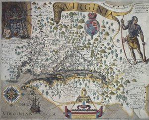 Mapa da Virgínia: inserção (canto superior esquerdo) mostrando o interior da cabana do chefe indígena Powhatan, por John Smith (1580-1631) finlandês tekijältä John Smith