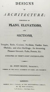 Etukappale julkaisulle "Designs in Architecture, joka koostuu suunnitelmista, korkeuksista ja poikkileikkauksista", julkaistu 1797 (kaiverrus)