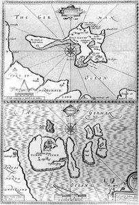 Kartat Holy Islandista ja Farne Islandista Northumberlandista, John Speedin teoksesta Theatre of the Empire of Great Britain, 1676