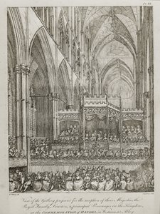 konsertti George Frederick Händelin (1685-1759) kuoleman 25-vuotispäivän muistoksi - Näkymä galleriasta, joka on valmistettu heidän Majesteettiensa kuninkaallisen perheen vastaanottoa varten