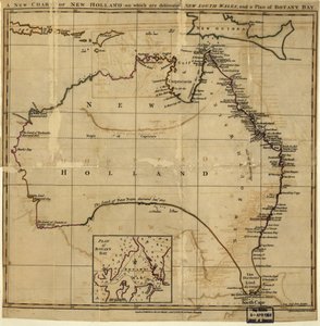 Uusi Uuden-Hollannin kartta, johon on merkitty New South Wale ja Botany Bayn suunnitelma. LOC 00556400 tekijältä John Stockdale