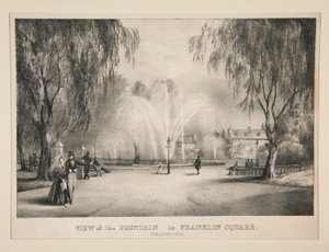 Näkymä suihkulähteelle Franklin Squarella, Philadelphiassa
