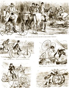 Sarjakuva, joka kuvaa miestä metsästämässä kolmipyörällä. Kuvittanut John Tenniel (1820-1914), englantilainen kuvittaja, graafinen humoristi ja poliittinen sarjakuvapiirtäjä tekijältä John Tenniel