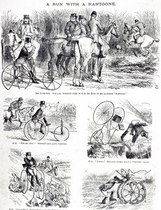 Sarjakuva, joka kuvaa miestä metsästämässä kolmipyörällä. Kuvittanut John Tenniel (1820-1914), englantilainen kuvittaja, graafinen humoristi ja poliittinen sarjakuvapiirtäjä tekijältä John Tenniel