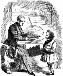 Albert, kuningatar Victorian prinssipuoliso, ojentaa Joseph Paxtonille, Crystal Palacen suunnittelijalle, 20 000 punnan siivu "Solid Puddingia" vuoden 1851 suuren näyttelyn ylijäämävaroista Hyde Parkissa Lontoossa. John Tenniel sarjakuva Punchista. Puukaiv tekijältä John Tenniel