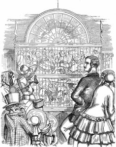 Albert, kuningatar Victorian prinssipuoliso, esittelee Crystal Palacea ja suurta näyttelyä Hyde Parkissa Lontoossa. John Tenniel sarjakuva Punch Londonista 1851. Puukaiverrus tekijältä John Tenniel