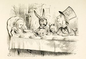 Liisa Hatuntekijän teejuhlissa. tekijältä John Tenniel