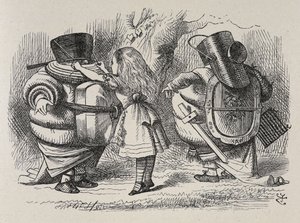 Alice pukee Tweedledeen ja Tweedledumin. tekijältä John Tenniel
