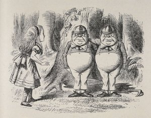 Alice tapaa Tweedle Deen ja Tweedle Dumin ensimmäistä kertaa. He seisoivat puun alla, kummallakin käsi toistensa kaulassa, ja Alice tiesi hetkessä kumpi oli kumpi, koska yhdellä heistä oli brodeerattu "Dum" kaulukseensa ja toisella "Dee. tekijältä John Tenniel