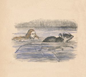 Liisa uimassa hiiren kanssa altaassa, 1889 tekijältä John Tenniel
