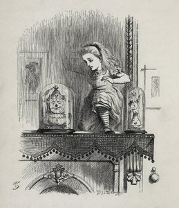 Alice kulkee peilin läpi - Lewis Carrollin "" Alicen seikkailuissa Ihmemaassa ja lasin läpi" -osassa, kuvitus John Tenniel (1820-1914) tekijältä John Tenniel