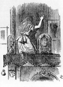 Liisa kulkee peilin läpi - Lewis Carrollin "Liisan seikkailut Ihmemaassa ja lasin läpi", kuvitus John Tenniel (1820-1914)