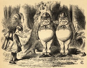 Alice Tweedledumin ja Tweedledeen kanssa. Kuvitus Sir John Tenniel tekijältä John Tenniel