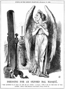 Benjamin Disraeli (1804-81) Britannian konservatiivivaltiomies. "Nyt olen enkelien puolella". John Tenniel sarjakuva Punchista, Lontoosta tekijältä John Tenniel
