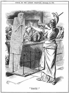 Britannia pidättelee koleraa Britannian satamissa. Vuoden 1892 taudinpurkauksessa Venäjällä kuoli noin 260 000 ja Hampurissa 7 600. Epidemia estettiin Britanniassa. John Tenniel -sarjakuva Punch Londonista 10. syyskuuta 1892. tekijältä John Tenniel