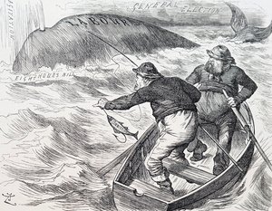 John Tennielin sarjakuva, englantilainen kuvittaja, graafinen humoristi ja poliittinen sarjakuvapiirtäjä. 1.1.1891 (kaiverrus) tekijältä John Tenniel
