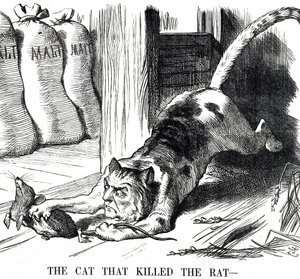 Sarjakuva, joka kommentoi mallasveron poistamista vuonna 1880 tekijältä John Tenniel