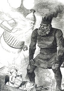 Sarjakuva, joka kommentoi sähkön lapsenkengistä tekijältä John Tenniel