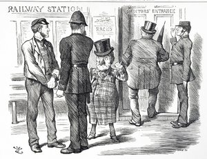 Sarjakuva, joka kommentoi vetoomuksia lohkojärjestelmän signaalin tekemisestä pakolliseksi British Railwaysille tekijältä John Tenniel