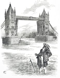 Sarjakuva, joka esittää isä Thamesia ihailemassa Tower Bridgeä Lontoossa tekijältä John Tenniel