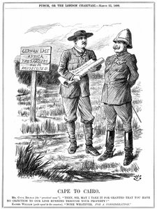 Cecil John Rhodes (1852-1902) englantilaissyntyinen Etelä-Afrikan valtiomies, joka pyytää Saksan keisarilta lupaa lennätinlinjan käyttämiseen saksalaisen Itä-Afrikan läpi. Cape To Cairo, John Tennielin sarjakuva Punchista, Lontoo, 22. maaliskuuta 1899. Kai tekijältä John Tenniel