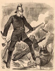 Eyre Massey Shaw taistelee tulta, "Punch" Lontoosta, 20. elokuuta 1887 (kaiverrus) tekijältä John Tenniel