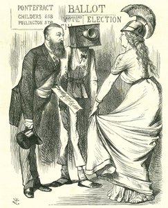 Hugh Childers (1827-1896) Ison-Britannian parlamentaarikko, joka kertoi Britannialle uuden äänestyslaatikon menestyksestä. John Tenniel sarjakuva Punchista Lontoossa 24. elokuuta 1872. tekijältä John Tenniel