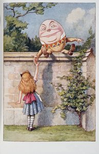 Humpty Dumpty, Lewis Carrollin (1832 - 98) teoksesta Alices Adventures In Wonderland And Through The Looking-Glass And What Alice Found There (Alicen seikkailut ihmemaassa ja peilin läpi ja mitä Liisa löysi sieltä), julkaistu 1911 (värillinen litografia).