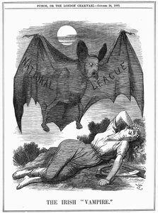 Irlannin kansallinen liiga, jossa Charles Stewart Parnellin (1846-1891) kasvot esitetään Irlantia saalistavana vampyyrina. John Tenniel sarjakuva Punch Lontoosta, 24. lokakuuta 1885. Kaiverrus tekijältä John Tenniel