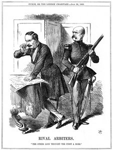 Napoleon III (1808-1873), Ranskan keisari 1852-1870, ja Otto von Bismarck (1808-1783), Preussin liittokansleri, loivat Euroopan. Heidän ristiriitaiset tavoitteensa johtivat Ranskan ja Preussin väliseen sotaan vuosina 1870-1871. John Tenniel sarjakuva Punch tekijältä John Tenniel