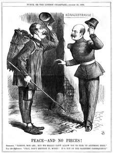 Napoleon III, Ranskan keisari 1852-1870, pukeutunut räsynpoimijaksi (Chiffonnier), varoitti Otto von Bismarck, Preussin liittokansleri. Napoleonin alueelliset tavoitteet johtivat Ranskan ja Preussin väliseen sotaan 1870-71. John Tenniel -sarjakuva Punchist tekijältä John Tenniel