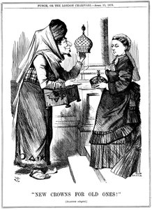 Uusia kruunuja vanhoille!, Benjamin Disraeli tarjoamassa Intian kruunua kuningatar Victorialle, 1876 tekijältä John Tenniel