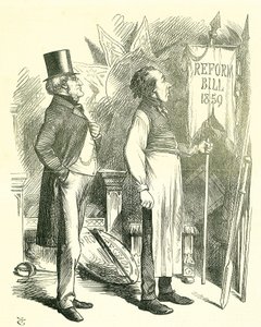 Poliittinen talous: parlamentin uudistus - franchising-sopimuksen laajentaminen. Disraeli (kansleri) ja Derby (pääministeri) pyyhkäisevät pölyä uudistuslakia. Vuonna 1867 Disraeli esitteli uuden lain. John Tenniel sarjakuva Punchista, Lontoosta tekijältä John Tenniel