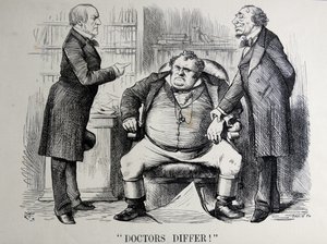 Poliittinen satiiri, jossa esitetään William Ewart Gladstone, Benjamin Disraeli ja John Bull tekijältä John Tenniel