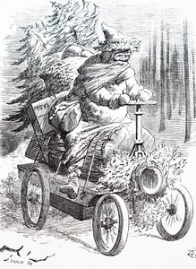 Joulupukki kilpailee lumen läpi. John Tenniel (1820-1914), englantilainen kuvittaja, graafinen humoristi ja poliittinen sarjakuvapiirtäjä tekijältä John Tenniel