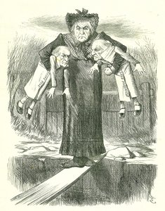 Aseta kaksi ja kanna yksi.?: Gladstone, Britannian pääministeri, on kiistanalainen siitä, mitkä Irlannin kiistanalaisista laskuista hylätään. John Tenniel -sarjakuva Punchista, Lontoosta, 3. huhtikuuta 1886. tekijältä John Tenniel