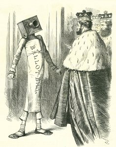 Ballot Bill seisoo ylähuonetta vastaan. John Tenniel sarjakuva Punchista, Lontoosta 20. heinäkuuta 1872. tekijältä John Tenniel
