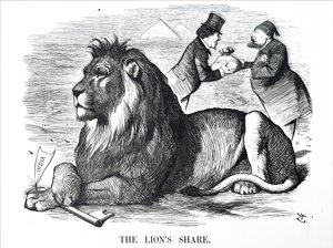 Britannian hallitus valtuutti Rothschildien ostamaan osakkeita Suezin kanavasta. tekijältä John Tenniel