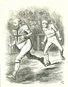 Finish: Yleiset vaalit 1886. Gladstone (liberaali) meni maahan Irlannin kotisääntölakinsa vuoksi. Salisbury (konservatiivinen oppositio) voittaa Gladstonen maaliin asti. John Tenniel sarjakuva Punchista, Lontoosta tekijältä John Tenniel