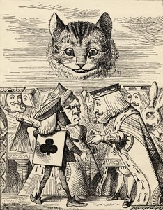 The King of Hearts riitelemässä teloittajan kanssa, Lewis Carrollin teoksesta "Liisan seikkailut ihmemaassa", julkaistu 1891 (litho) tekijältä John Tenniel