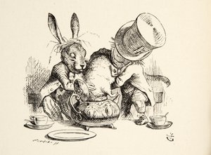 Hullu hatuntekijä ja maaliskuun jänis laittavat makuuhiiren teekannuun, Lewis Carrollin (1832 - 98) pubista Lilics Adventures in Wonderland. 1891 tekijältä John Tenniel