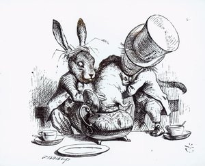 Hullu hattutäti ja maaliskuinen jänis panevat hiiren teekannuun, kuvitus Lewis Carrollin kirjasta 