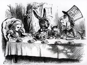 Hullun Hatuntekijän teekutsut, kuvitus Lewis Carrollin teoksesta "Liisan seikkailut ihmemaassa" tekijältä John Tenniel