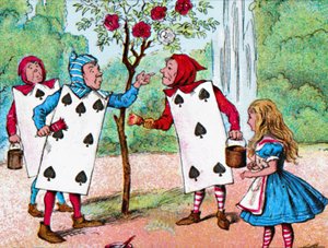 Pelikortit, jotka maalasivat ruusupensaita, vuodelta 1910 tekijältä John Tenniel
