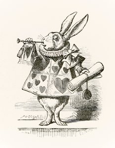 Valkoinen kani trumpetilla ja rullalla, joka julistaa syytöstä, Lewis Carrollin vuonna 1865 julkaistusta "Liisa ihmemaassa"