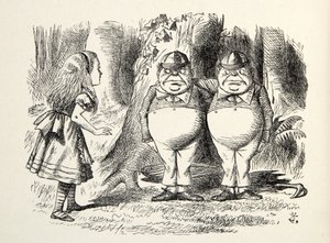 Tweedledum ja Tweedledee, kuvitus teoksesta Through the Looking Glass, Lewis Carroll (1832 - 98), 1872 tekijältä John Tenniel