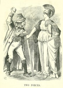 Two Forces: Irish Land League kiellettiin. Britannia suojelee Hiberniaa (Irlanti) lainvoimalla anarkiaa vastaan. John Tenniel -sarjakuva Punchista, Lontoosta, 29. lokakuuta 1881. tekijältä John Tenniel