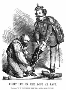 Italian yhdistyminen: Giuseppe Garibaldi (1807-1882) auttoi Victor Emmanuel II:ta (1820-78) pukemaan Italian kengät. John Tenniel sarjakuva Punchista, Lontoosta tekijältä John Tenniel