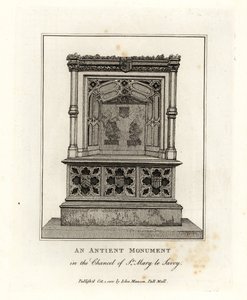 Muinainen muistomerkki St Mary le Savoyn kansliassa (nykyinen Savoy-kappeli) tekijältä John Thomas Smith