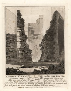 Näkymä Vartiotornista tai Barbicanista kaupunginmuurissa, löydetty lähellä Ludgate Hilliä, 1. toukokuuta 1792 tekijältä John Thomas Smith
